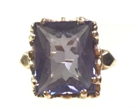 GOLD AMETHYST DRESS RING, indistinctly marked, set with a cushion cut amethyst4gThe ring is sized L, stone 1.8cm corner to co