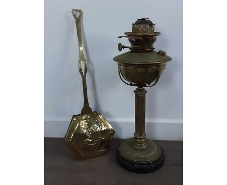 BRASS OIL LAMP, AND OTHER BRASS AND PLATED ITEMS  including a metal figure of a froglamp 50cm high