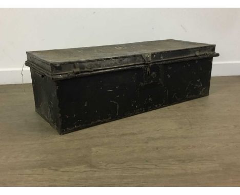 MILITARY TRUNK, AND A WOODEN TOOLBOX of rectangular form, the lid bearing faded name, along with a wooden tool box, bearing b