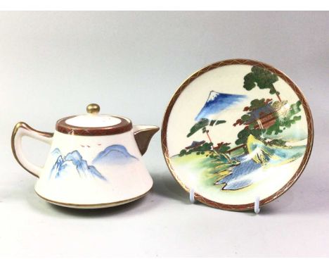 JAPANESE POTTERY TEA SERVICE, decorated with Fuji and river landscape, comprising six cups, six saucers, teapot, sugar bowl a