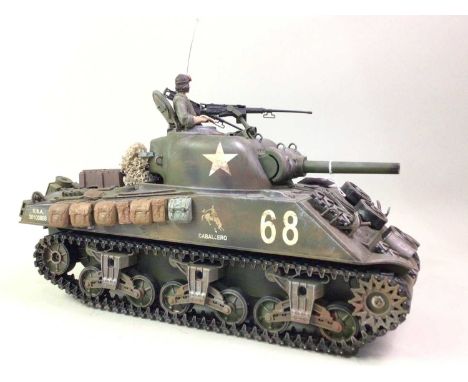 UNITED STATES WWII SHERMAN TANK MODEL, AND OTHER TANKS  comprising a German WWII Tiger Tank and two additional German tanksQt