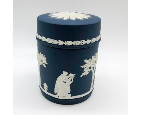 Antique English stoneware; blue with white classical reliefs.Wedgwood England impressed stamps. This item has no reserve. Dim