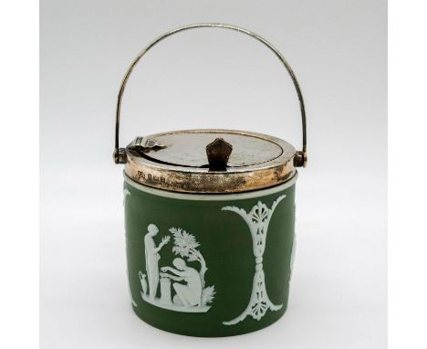 Antique; green with white reliefs figures; J.C.V. sterling silver cover and handle, and P&amp;W sterling silver spoon.Wedgwoo