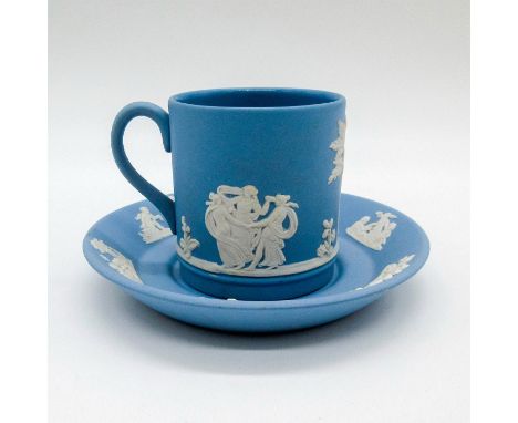 Antique English stoneware; blue with white classical reliefs.Wedgwood England impressed stamps. Cup: 3in x 2.25in x 2in. Sauc
