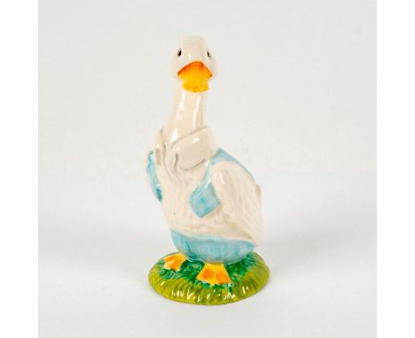 Depicts a white duck wearing a light blue shirt over his shoulders and light blue shorts. Beswick backstamp. Dimensions: 2"L 