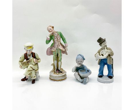 Accordion player, French horn player, nobleman and toddler seated with basket eating.The nobleman is the tallest, 6.75"H. Bac