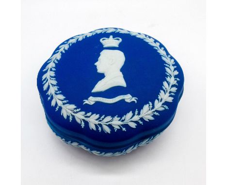 English stoneware scalloped covered box; blue with white cameo of Edward VIII, and white laurel reliefs.Wedgwood England impr