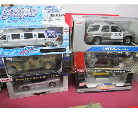 Maisto Hummer Station Wagon, Maisto Lincoln Navigator Limo, with four other large boxed model cars. (6)