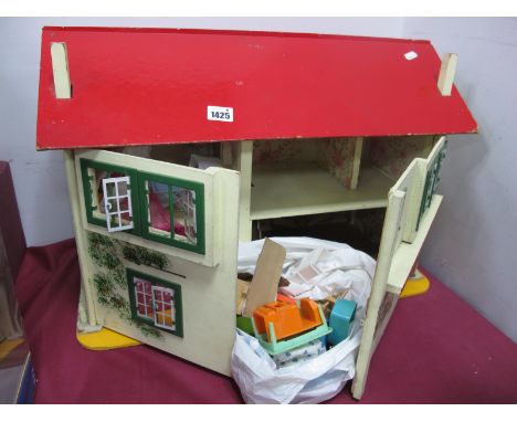 A Dolls House Circa Mid XX Century, to include plastic beds, cooker, wash basin, sink, kitchen unit, baths, etc 58.8cm wide.