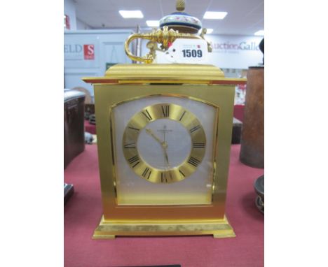 Looping Quartz Gilded Brass Mantle Clock, with a carrying handle, gilded brass chapter ring, Roman numerals, 26cm high.