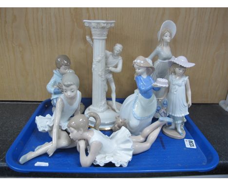 Two Nao Seated Ballerinas, three others D-Art lady and Franklin Mint  figurine (damaged):- One Tray.