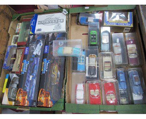 Muscle Machines 2 x hauler and ct hauler, Matchbox 73 model 'A' Ford, ERTL '57' Chevy, with other toy cars many in plastic di