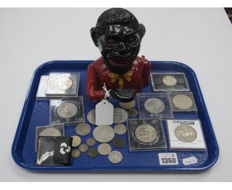 Crowns, Silver Threepences, 1967 Half Dollar, other coinage, Jolly money box. * The money box is listed on the basis it is il