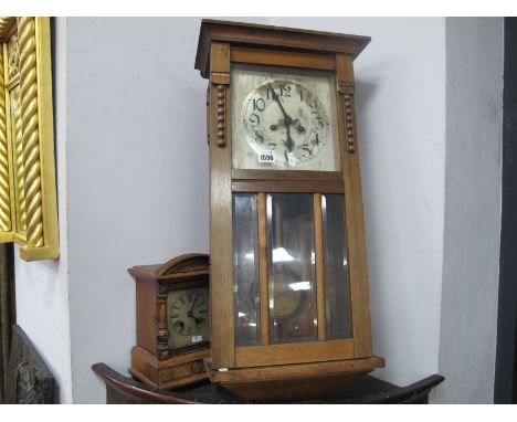 Early XX Century Mahogany Wall Clock, Arabic numeral dial, with a mantle desk clock Roman numeral dial. (2).