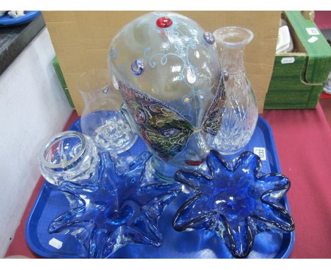 G. Harrison Hand Painted Glass Head 28cm High. Edinburgh decanter, Orrefors vase, blue glass posy, etc:- One Tray.