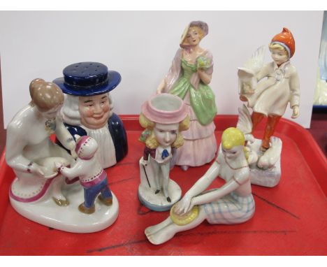 Royal Worcester November figurine, Devon crinoline lady, three other figurines and Woods flower sifter.