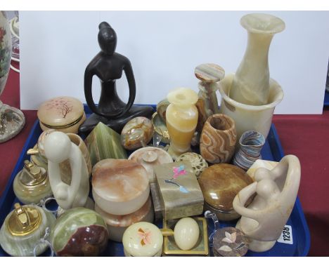 Onyx Hand Coolers, Alabaster boxes, onyx lighter etc:- one Tray.