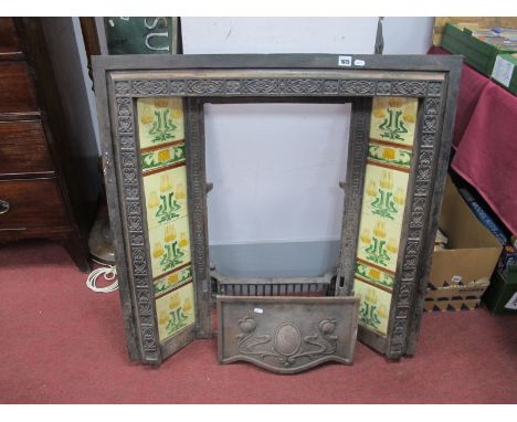 Late XIX/Early XX Century Cast Iron Fire Plate, with Art Nouveau pottery tiles featuring stylized flowers inset, together wit