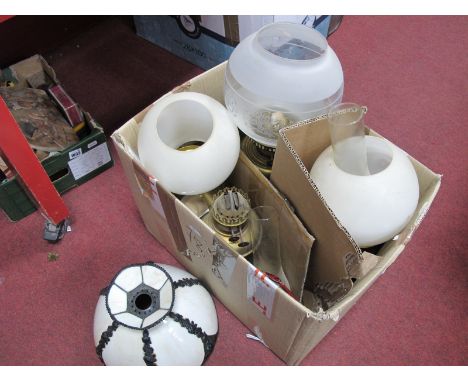 Four Brass Oil Lamps, with three glass shades, plus Tiffany style lamp shade:- One Box