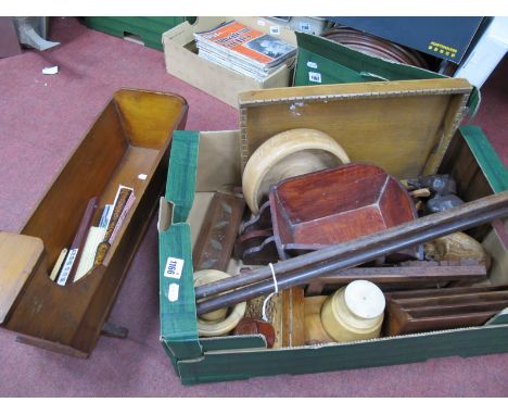 Dolls Pine Crib, early book ends, hardwood letter rack, etc, plus walking sticks:- One Box.