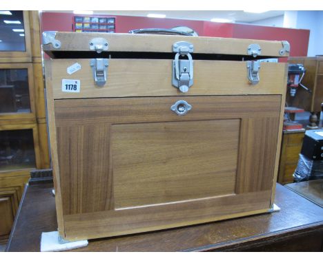 H.BerstnerWooden Tool Storage Chest, containing calipers, Swedish heavysquare, Brown and Sharpe micrometre, scissors, glass c