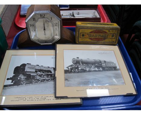 Pair of William A Stanier Railway Loco Photographs, signed by himself 14.5 x 19.5cm. Art Deco mantle clock, Gold Flake tin.