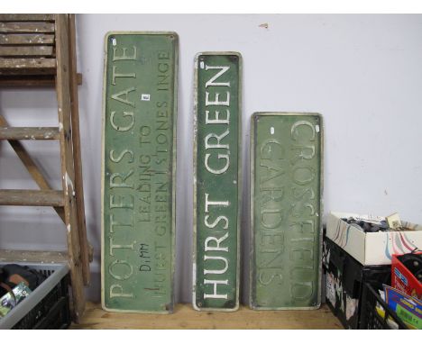 Three Sheffield (High Green) Street Signs, Crossfield Gardens 76.5cm, Potters Gate leading to Hurst Green, Stones Inge 107cm,