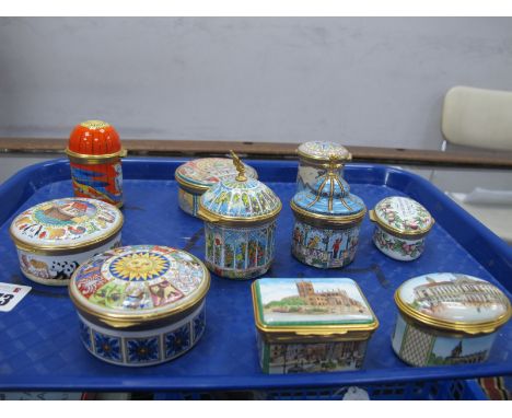 Staffordshire Enamelled Trinket Boxes, mainly circular forms x 8, together with two Halcyon Days limited edition examples (se