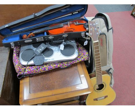 African Style Freestanding Drum, with carved hardwood base, Acoustic Solutions DD 305, Stagg acoustic guitar, Skylark violin 