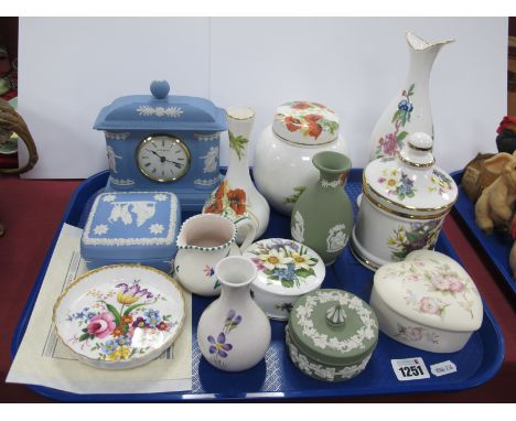 The Josiah Wedgwood Bicentenary Jasper Ware Clock, green Jasper ware vase, trinket box, small Poole vase, etc:- One Tray.