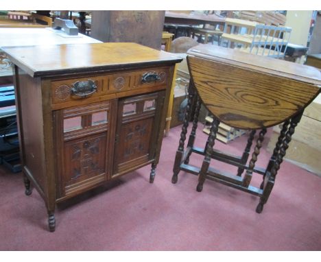 1930's Oak Gate Leg Table, with drop leaves, on barley twist supports, united by stretchers, together with cabinet, with a si