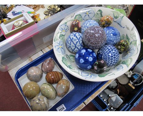 Hand Painted Footed Dish, together with blue and white ceramic balls, decorative hand painted and enamel eggs, onyx and polis