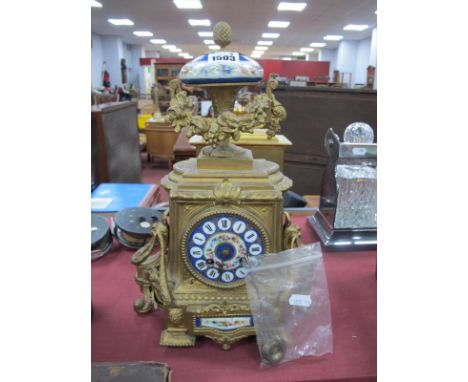 XIX Century Gilt Metal Mantle Clock, with enamel hand painted floral dial and finial, 8 day movement, 35cm high