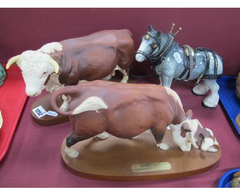 Beswick Satin Matt Connoisseur Model of a Hereford Bull, on plinth, together with a satin matt Hereford cow and calf on plint