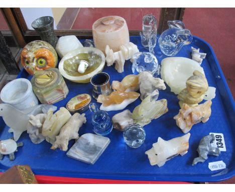 Alabaster Jar-Cover, onyx table lighter, glass figurines etc:- One Tray.