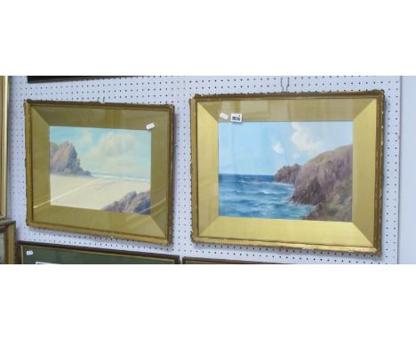 R Cooper, Rocky Coastal Scene, watercolour, signed lower left,. 26.5 x 37cm. Mortimer, a similar scene with tide out, waterco