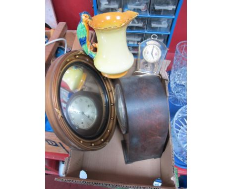 1920's Oak Mantel Clock, gilt circular wall mirror, 1920's Burleigh ware, parrot handled jug:- One Box.