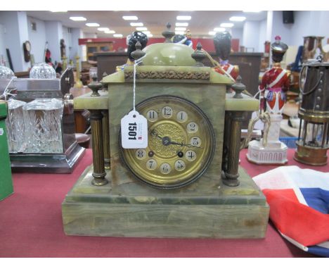 Green Onyx Cased Mantle Clock, of architectural form, featuring brass pillars, gilt dial, eight day movement, 28.5cm wide.