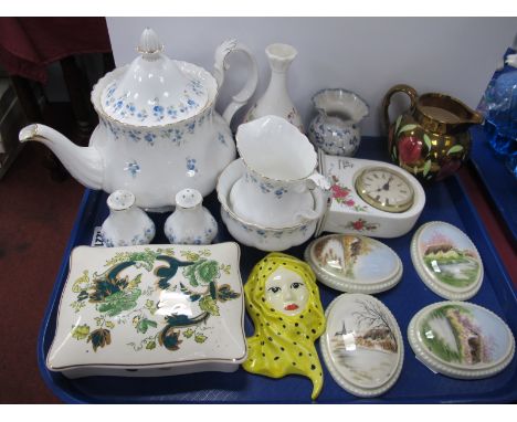 Royal Albert 'Memory Lane' Teapot, sugar, cream, and condiments, Mason's chartreuse trinket box, wall plaques, other ceramics