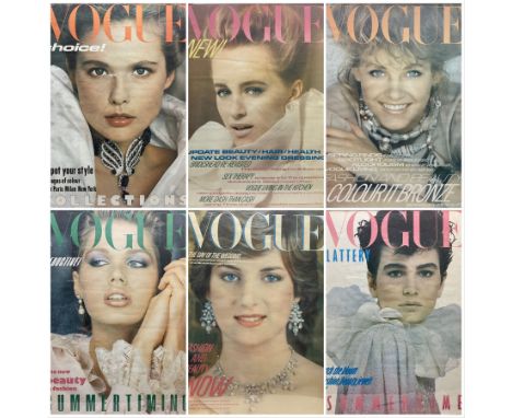 Vintage British Vogue Magazine Cover Posters from Feb, April &amp; August 1981, June 1982, March &amp; June 1983, with cover 