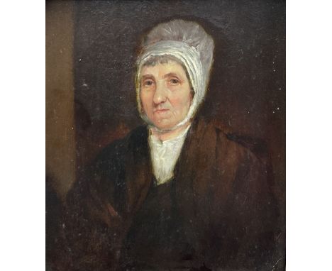 English School (mid 19th century): Portrait of 'Mrs Barnet', oil on panel unsigned 23cm x 20cm
