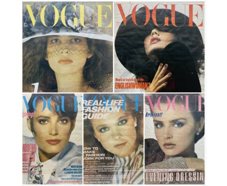 Vintage British Vogue Magazine Cover Posters from 1981, Oct 1983, Dec 1984, Feb &amp; May 1985, with cover shots of Elisabett