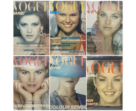 Vintage British Vogue Magazine Cover Posters from Feb, March, April &amp; May 1979, Dec 1980, Jan 1981 with cover shots of Gi