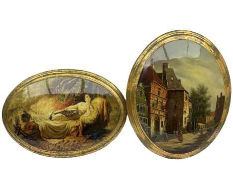 C Jacob (British 20th century): Woman Reclining with Fan; Continental school (20th century): 19th Century Street Scene, pair 