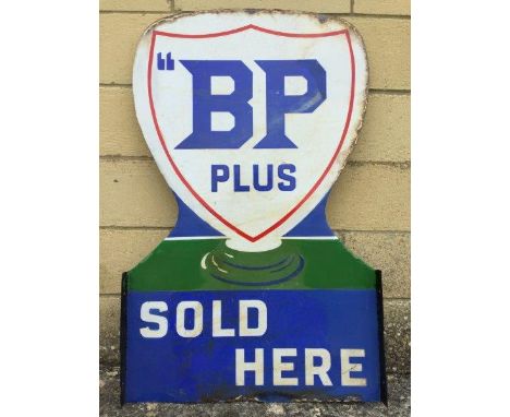 A 'BP Plus Sold Here' double sided enamel sign by Franco, shaped as a petrol pump globe, with some restoration particularly t