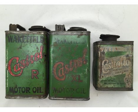 A Wakefield Castrol XL Motor Oil rectangular quart can, a Castrol R-Grade rectangular quart can and a Castrollo Upper Cylinde
