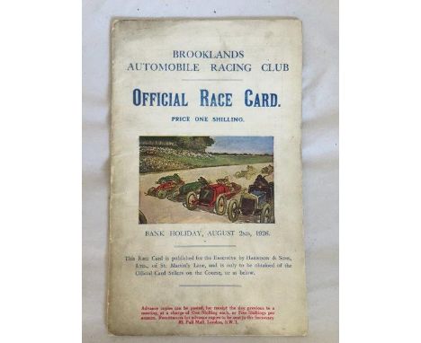 A Brooklands Automobile Racing Club official race card, Bank Holiday August 2nd 1926.