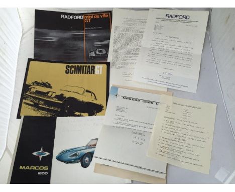 A collection of assorted sales brochures, mostly 1970s including the Radford Mini de Ville GT, Marcos etc.