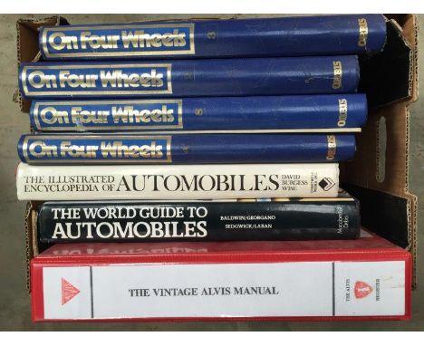 A small box of motoring volumes including 'The World Guide to Automobiles' also 'The Vintage Alvis Manual'. 