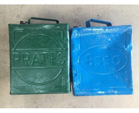 A Pratts two gallon petrol can with original cap and an Esso two gallon petrol can with a Redline cap.